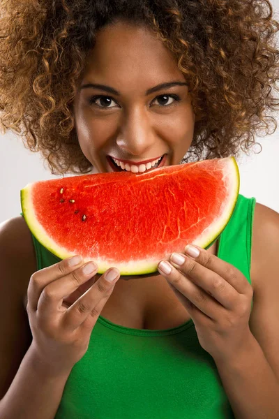 Woman holding watermelon — Stock Photo, Image