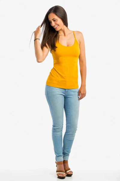 Vrouw in gele overhemd — Stockfoto
