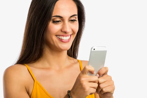Mujer feliz mensajes de texto — Foto de Stock