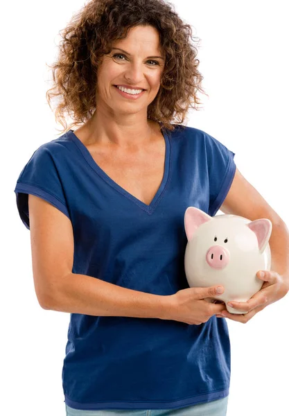 Woman holding a piggybank — Stock Photo, Image