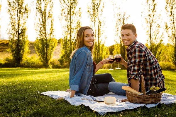 Пара произносит тост в парке — стоковое фото
