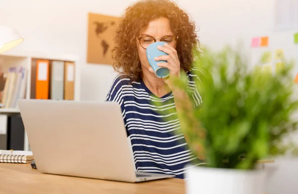 Mulher bebendo café quente no escritório — Fotografia de Stock