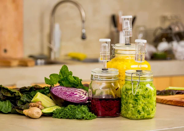 Jars of cabbage kimchi and sauerkraut — Stock Photo, Image