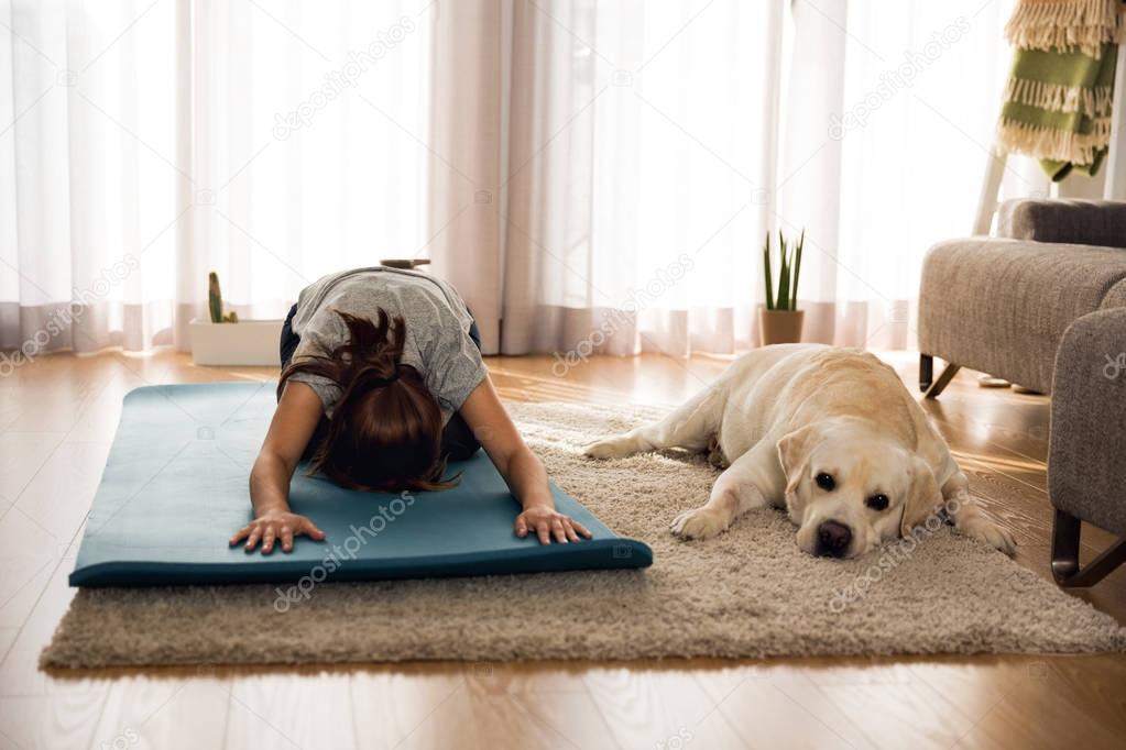 woman doing yoga exercise with dog