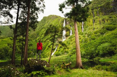 Woman standing on stone and looking on waterfalls of Azores, Portugal clipart