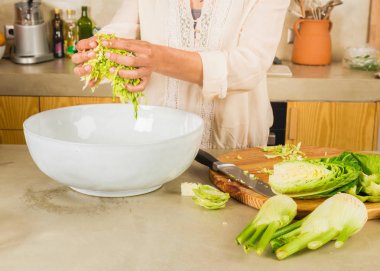 Kırpılan fermente korunmuş sebze hazırlama kadın görünümünü.