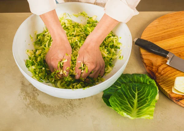 Cropped view of woman preparing fermented preserved vegetables. — Stock Image Cropped View Woman Preparing Fermented Preserved Vegetables Royalty Free Stock Photos