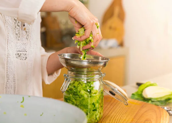 Cropped view of woman preparing fermented preserved vegetables. — Stock Image Cropped View Woman Preparing Fermented Preserved Vegetables Stock Image