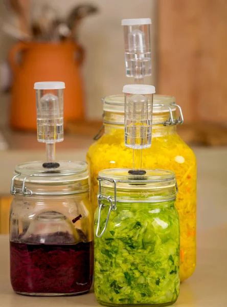 Preparing Fermented Preserved Vegetables Jars Cabbage Kimchi Sauerkraut Sour Cabbage — Stock Photo, Image