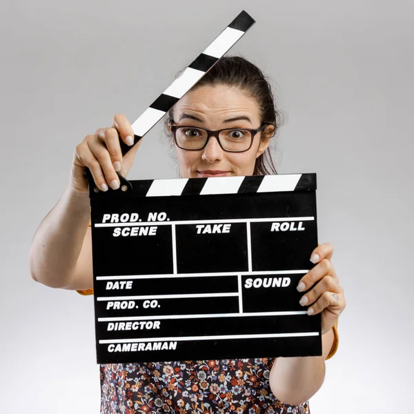 Portrait Happy Woman Holding Clapboard — Stock Photo, Image