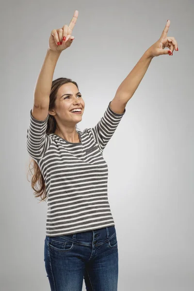 Portrait Happy Woman Looking Pointing Sky — Stock Photo, Image