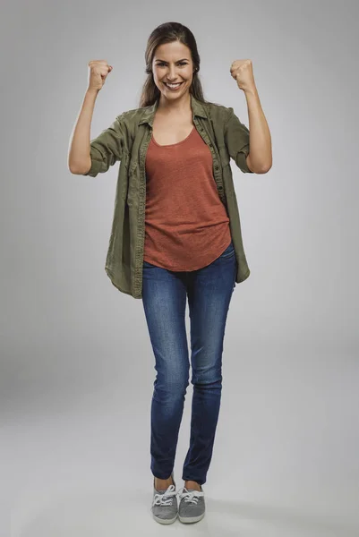 Successful Young Woman Arms Raised — Stock Photo, Image