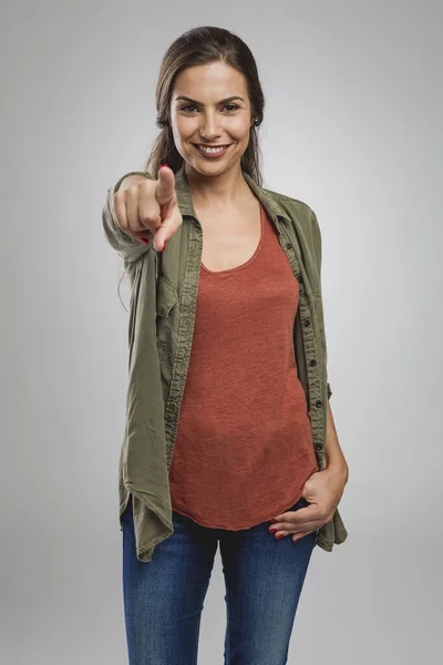 Beautiful Happy Woman Looking Pointing Camera — Stock Photo, Image