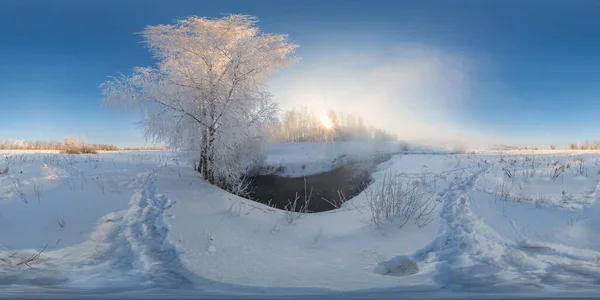 Invierno mañana niebla panorama esférico — Foto de Stock