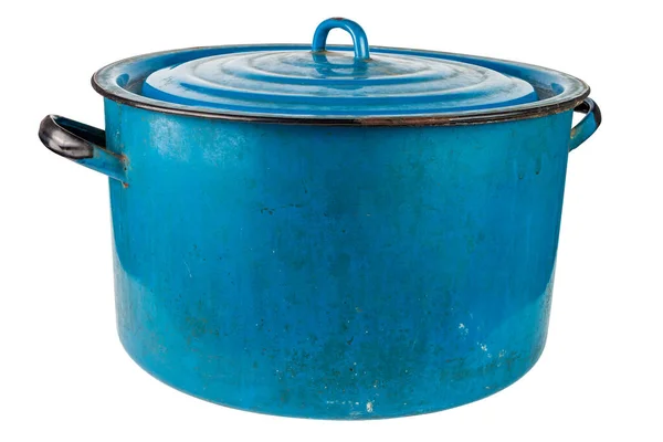 Old large enameled blue pot with cover isolated on white background — Stock Photo, Image