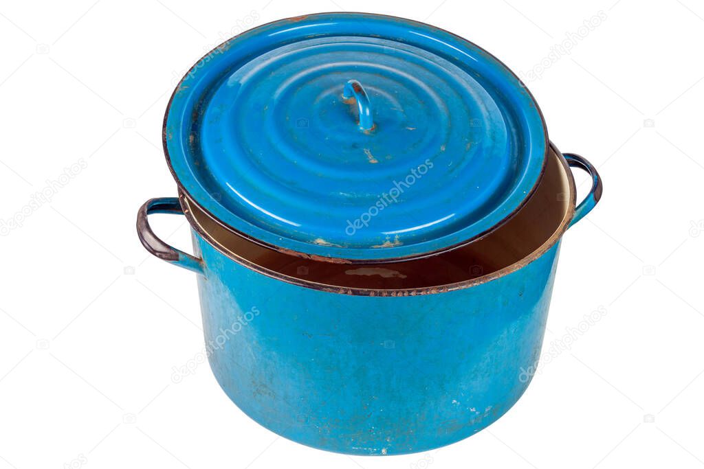 old large ajar enameled blue pot with cover isolated on white background