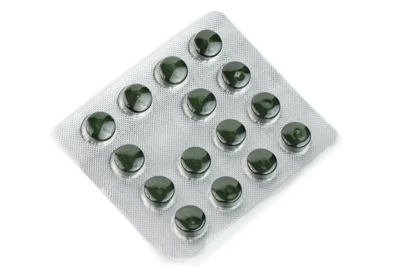 Блістерна Упаковка Зелених Таблеток Спіруліна Ізольована Білому Тлі — стокове фото
