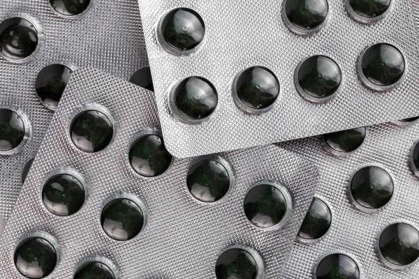 Raw Green Compact Spirulina Powder Pills Medical Blister Packs Close — Stock Photo, Image