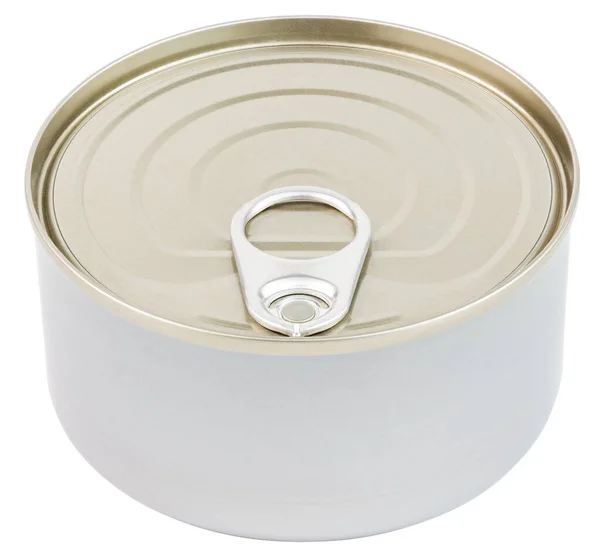 Closed tin can with pull tab ring lid opener isolated on white background slanted frontal view — Stock Photo, Image