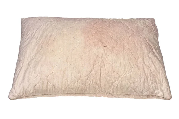 Travesseiro manchado usado sujo isolado no fundo branco na perspectiva frontal inclinada — Fotografia de Stock