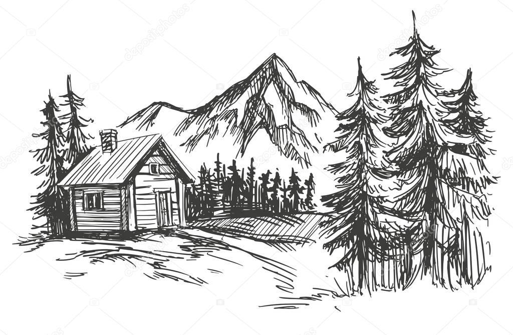 Haus in Berg Landschaft Hand gezeichnete Vektor ...