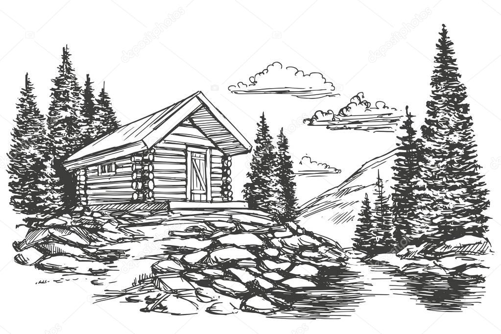 Casa En Paisaje De Montaña Dibujado A Mano Vector Ilustración Boceto