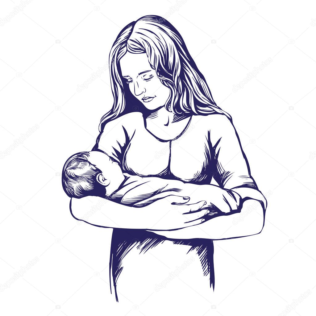 Mother holding a baby, mothers day, hand drawn vector