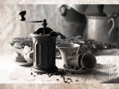 vintage tarzı antika el değirmeni, tahıl ve kahve ile kompozisyon ile sütçü