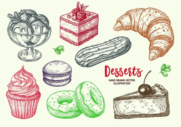 Vector Handgezeichnete Set Süßwaren Und Süßigkeiten Symbole Skizzenillustration — Stockvektor