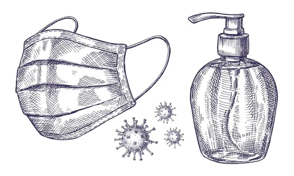 Vektorbild Ett Skyddande Medicinskt Mask Antiseptiskt Och Covid Virus Royaltyfria illustrationer