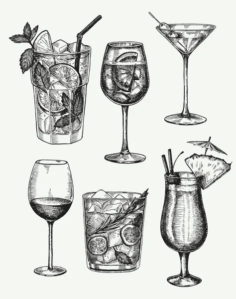 Ensemble Vectoriel Dessiné Main Cocktails Boissons Alcoolisées Croquis — Image vectorielle