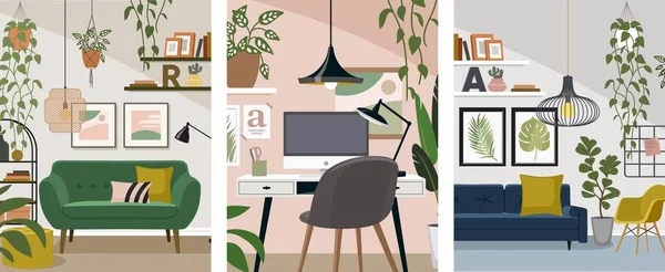 Conjunto Coloridos Tipos Habitaciones Diseño Gráfico Interiores Con Muebles Sala — Vector de stock