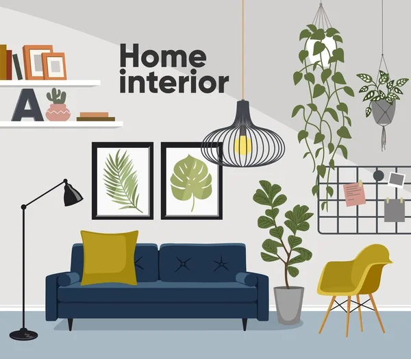 Woonkamer Interieur Bank Huisplanten Stoel Posters Andere Decoraties — Stockvector