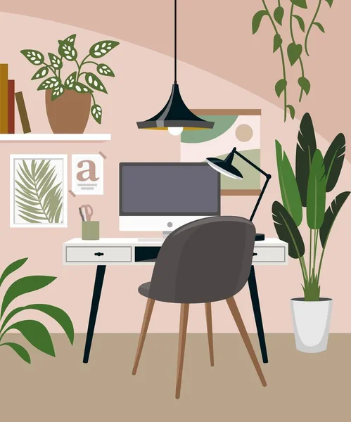 Home Office Platte Interieur Vector Illustratie — Stockvector