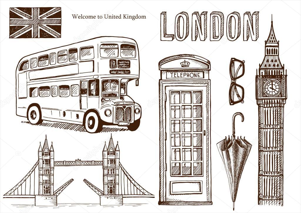 Vector London landmark,symbols, lettering.Hand drawn doodle sketchy.Famous architectural monuments ,sign,symbols , icons. 