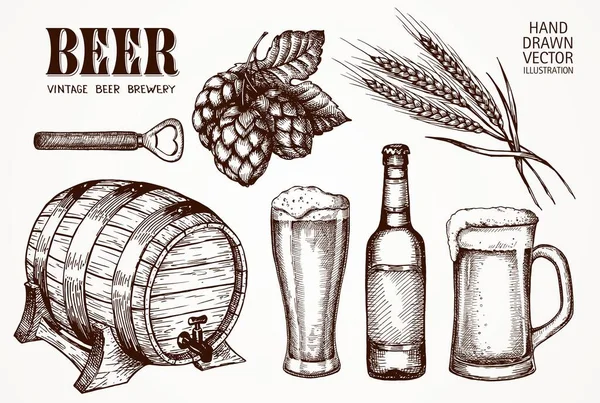 ビールのオブジェクトのセット ベクトルスケッチの手描きセット — ストックベクタ