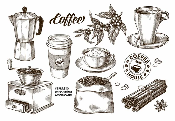 Set Café Dibujado Mano Gráficos vectoriales