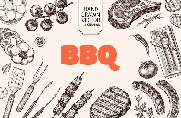 Barbekü elementleri vektör olarak çizilmiş. Lokanta ve kafelerin tasarımı için, ızgara yemek temasıyla ilgili mağaza pencereleri.