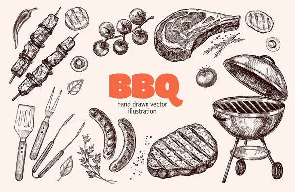 Set Barbecue Elements Drawn Vector Design Menu Cafes Restaurants Shop — Stock Vector