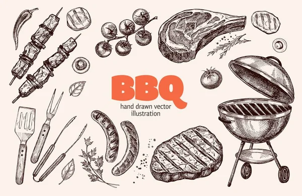 Barbekü elementleri vektör olarak çizilmiş. Lokanta ve kafelerin tasarımı için, ızgara yemek temasıyla ilgili mağaza pencereleri.