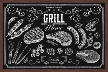 Barbekü elementleri vektör olarak çizilmiş. Lokanta ve kafelerin tasarımı için, ızgara yemek temasıyla ilgili mağaza pencereleri.