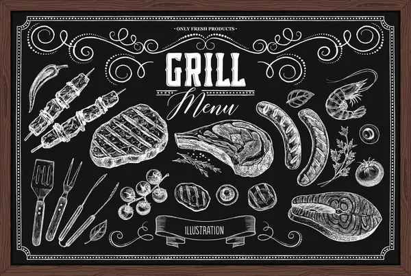 Set Barbecue Elements Drawn Vector Design Menu Cafes Restaurants Shop — Stock Vector