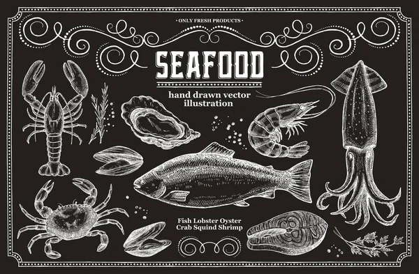 チョークボード上の魚介類 レストランや魚屋のメニュー設計図のセット ストックイラスト