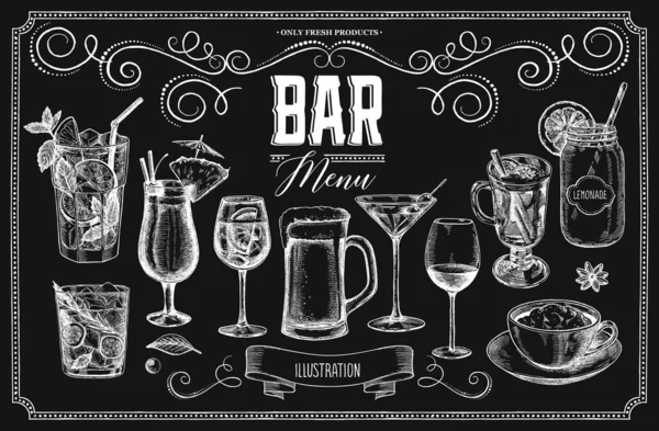 Set Cocktails Chalk Board Selection Illustrations Design Menu Restaurants Bars — Stock Vector