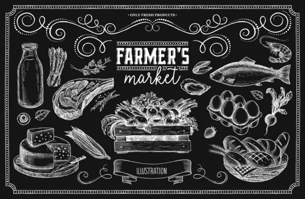 Set Farm Products Chalk Board Set Illustrations Design Menu Restaurants — Stock Vector