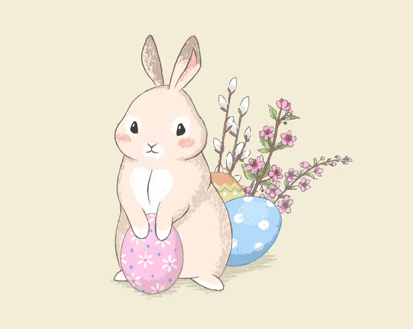 Ute Lapin Pâques Style Pastel Dessiné Main Près Des Œufs — Image vectorielle