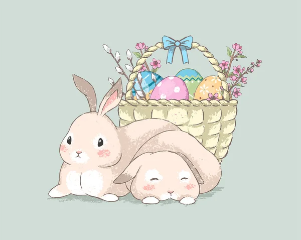 Lapins Pâques Ute Dans Style Pastel Dessiné Main Près Panier — Image vectorielle