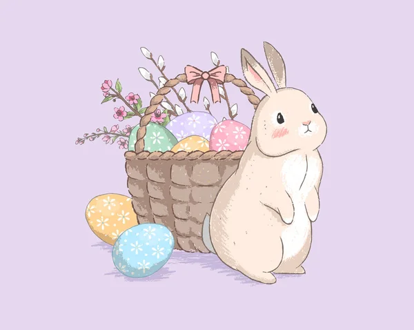 Ute Lapin Pâques Style Pastel Dessiné Main Près Panier Œufs — Image vectorielle