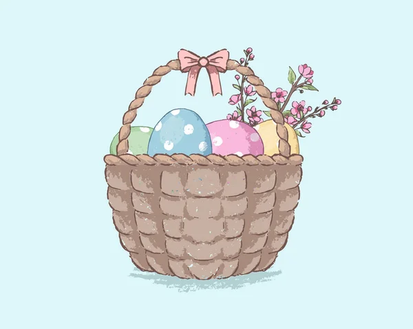 イースターエッグと開花枝のバスケット パステル調のイースターイラスト 籠の中の色付きの卵と開花桜の枝 — ストックベクタ