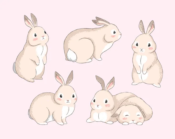 Pastel Style Set Illustrations Cute Bunnies Vector Illustrations Set Five — Stock Vector